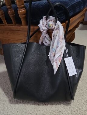 Lilium Firenze Black Pebbled Tote with Floral Scarf Accent